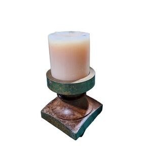 Wood & brass trim candle base holder vintage patina hand turned